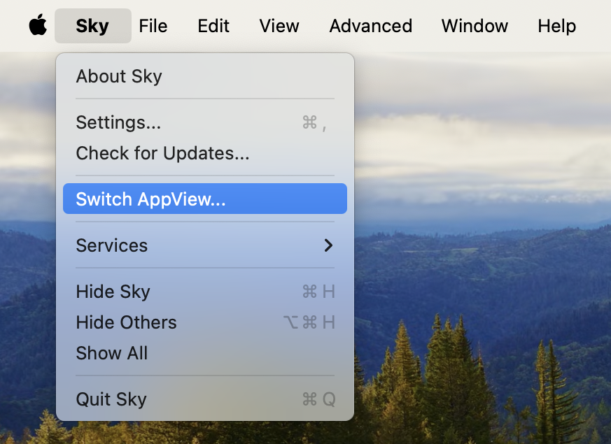 Open the Sky.app menu and choose `Switch AppView...`.