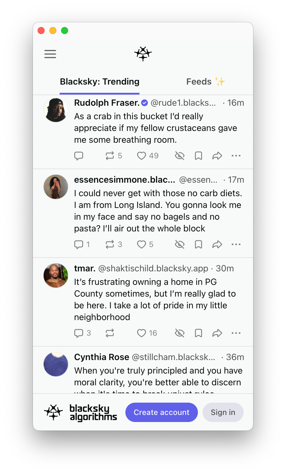 Blacksky loaded inside Sky.app with the `Sign in` button visible.